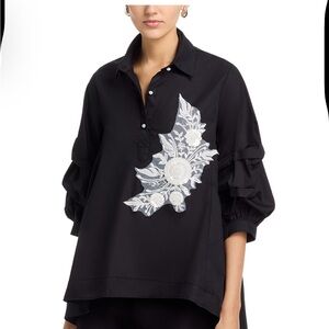 Nancy Yang Navy Women's Top with detail pearls and beading on chest.